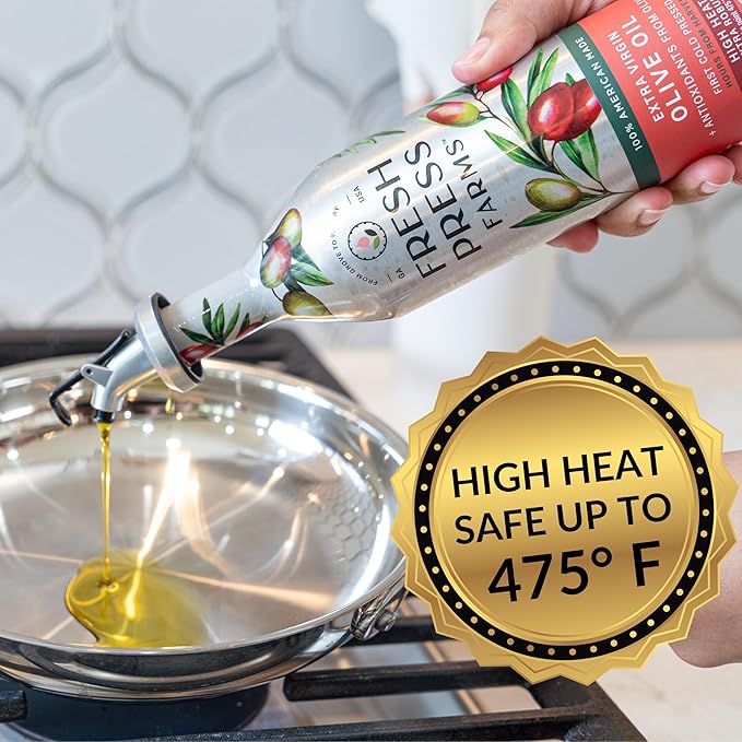 Fresh Press Farms Cold Pressed High Heat Extra Virgin Olive Oil for Pan Frying and Grilling, 16.4