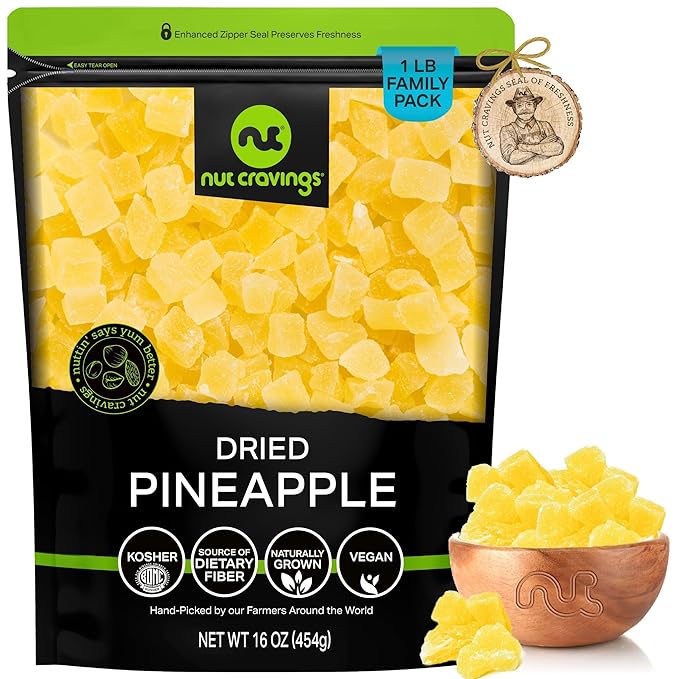 NUT CRAVINGS - Sun Dried Pineapple Chunks, Lightly Sweetened (16oz, 1 LB) Bulk Dry Fruits Packed