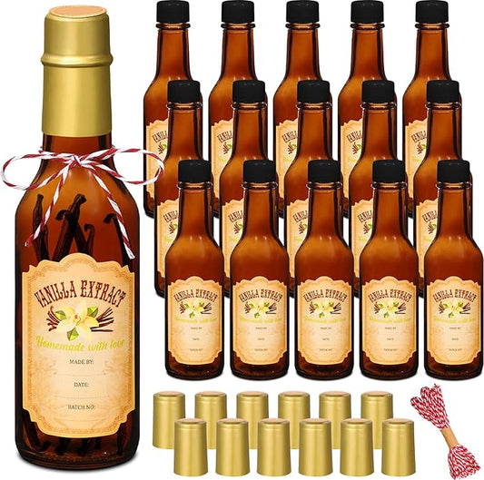 Tioncy 16 Pcs Vanilla Extract Bottles for Homemade Vanilla Jar Glass Bottle with Cap, Shrink Band