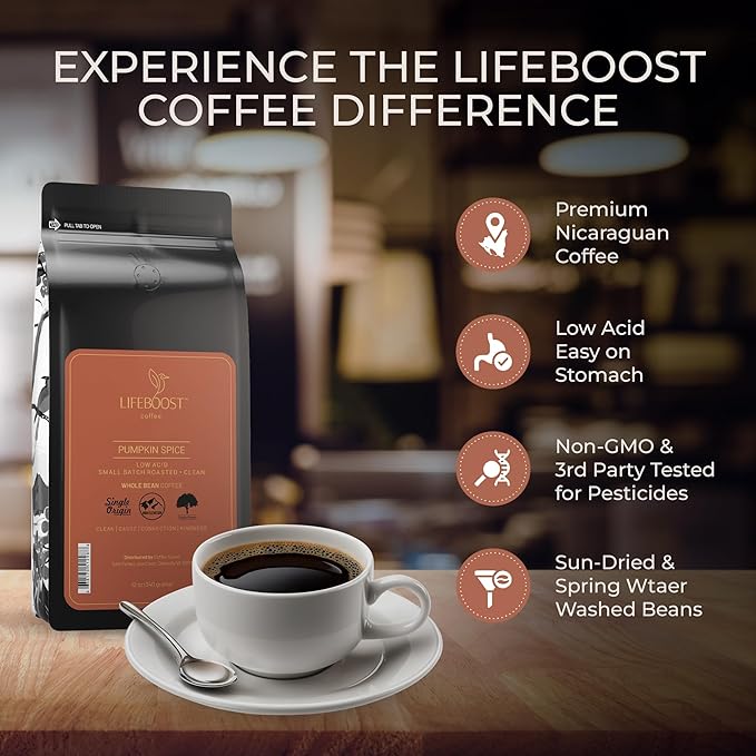 Lifeboost Pumpkin Spice Coffee Whole Bean ??Organic, Low Acid, Non-GMO - Cozy Fall Time Blend