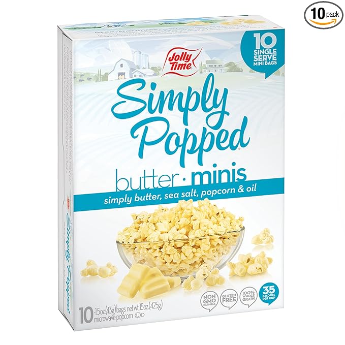 Jolly Time Simply Popped Butter Minis, Lightly Salted Microwave Popcorn, 1.5oz Personal Bag, 10