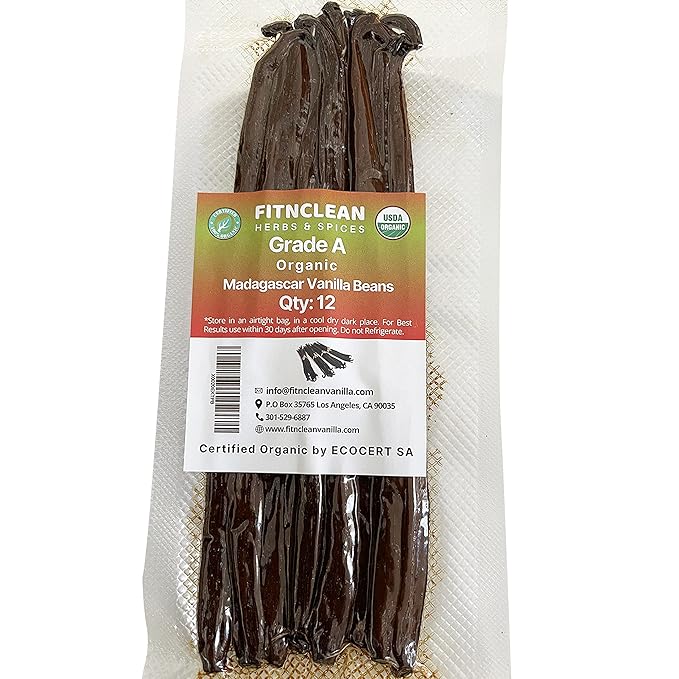 12 Organic Madagascar Vanilla Beans Grade A. Certified USDA Organic 6"-7.5" by FITNCLEAN VANILLA