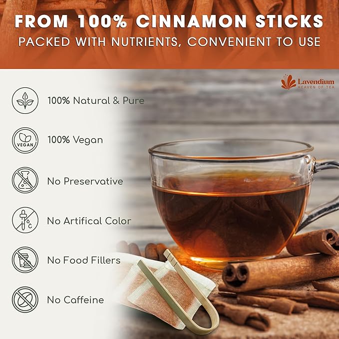 Lavendium, 40 Pure Cinnamon Tea Bags, Made of 100% Natural Cinnamon Sticks, Herbal Tea, No