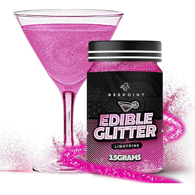 BeePoint Pink Edible Glitter for Drinks 15g - Food Grade, Vibrant Color Shimmer Powdered Dust for