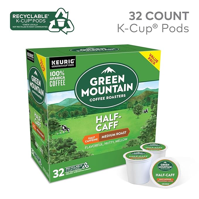Green Mountain Coffee Roasters Half Caff, Single-Serve Keurig K-Cup Pods, Medium Roast Coffee Pods