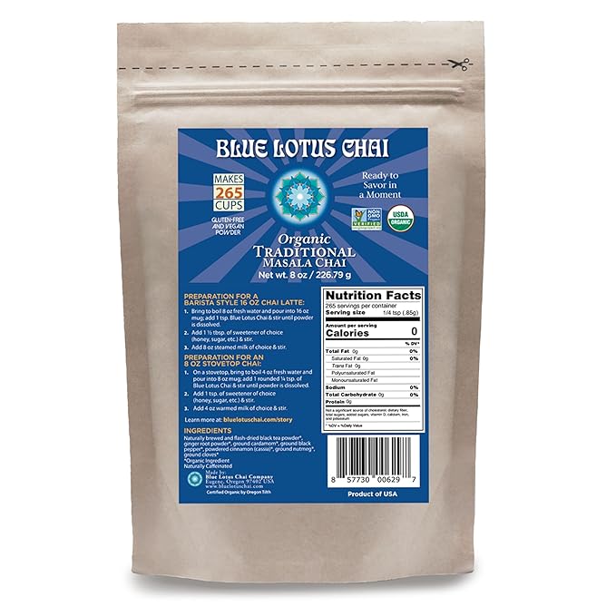 Blue Lotus Chai – Fully Organic Traditional Masala Chai - Makes 265 Cups – Just Add Hot Water, No