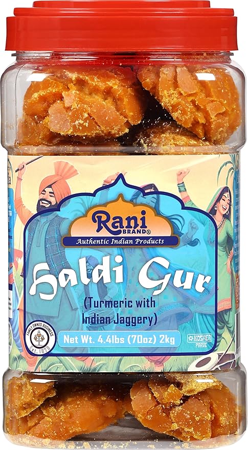 Rani Haldi Gur (Turmeric with Indian Jaggery) Indian Unrefined Raw Cane Sugar 70oz (4.4lbs) 2kg PET