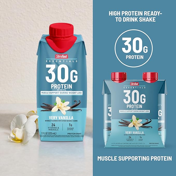 SlimFast Essentials 30g Vanilla Protein Shake, Protein Shakes Ready to Drink, Muscle Support, 1g