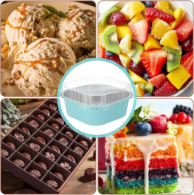 Aoriher 150 Pieces 10 oz Mini Cake Pans with Lids Aluminum Foil Baking Cups Square Disposable 4" x