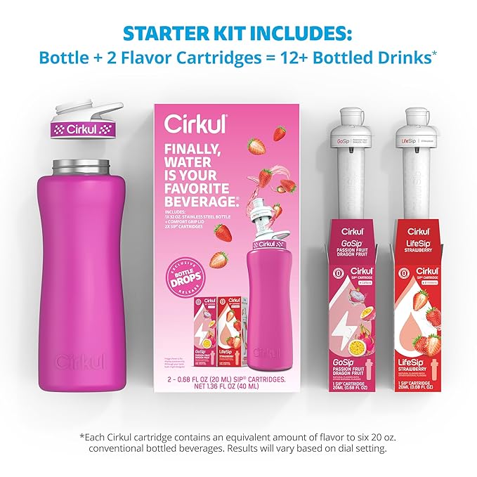 Cirkul 32oz. Hot Pink Stainless Steel Water Bottle Starter Kit with Pink Lid and 2 Flavor