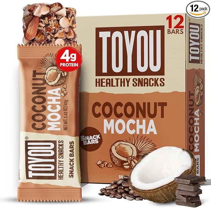 ToYou Chewy Fruit and Nut Bars - Healthy Protein Snacks | Coconut Mocha - 1.41 Ounce (Pack of 12) |