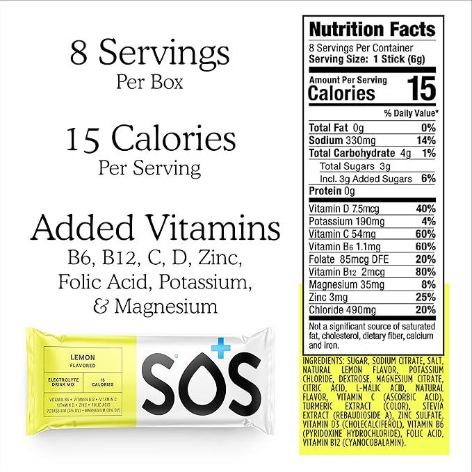 SOS Hydration Electrolyte Powder 8 Stick Packs ??Low-Calorie, Rapid Rehydration, Made in USA, Keto