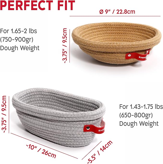 Cotton Rope Banneton Bread Proofing Basket Set, Oval & Round Bread Baskets with Liners & Covers for