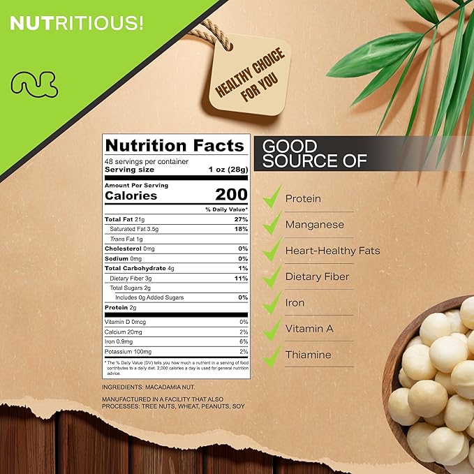 NUT CRAVINGS - Raw Macadamia Nuts, Unsalted, Shelled, and Halved, (48oz - 3 LB) Bulk Nuts Packed