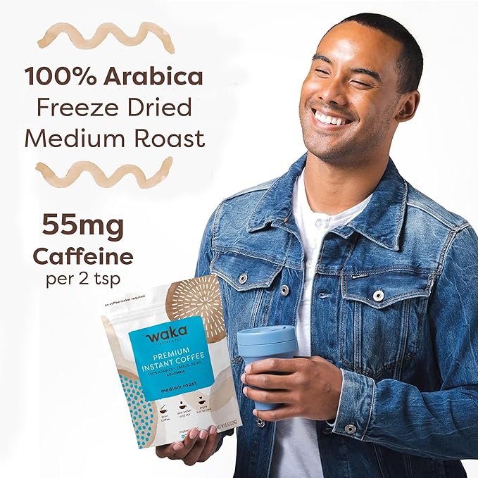 Waka Premium Instant Coffee Pouch — 100% Colombian Arabica Freeze Dried Beans — For Hot or Iced