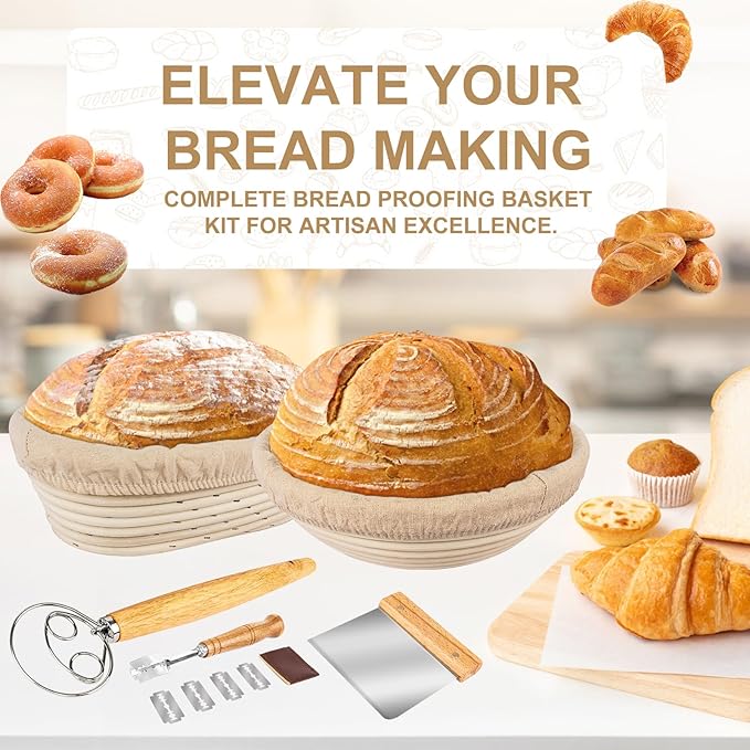 TNELTUEB Bread Proofing Basket Set, Incl 10'' Round & 9.6'' Oval Rattan Banneton, Dough Whisk