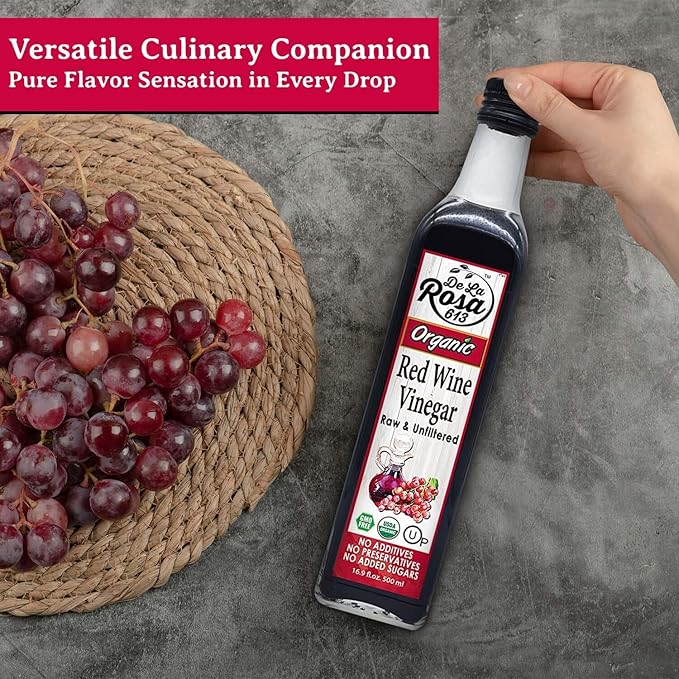 De La Rosa Red Wine Vinegar Organic, Raw & Unfiltered, Kosher for Passover, Vegan, Non-GMO & Gluten