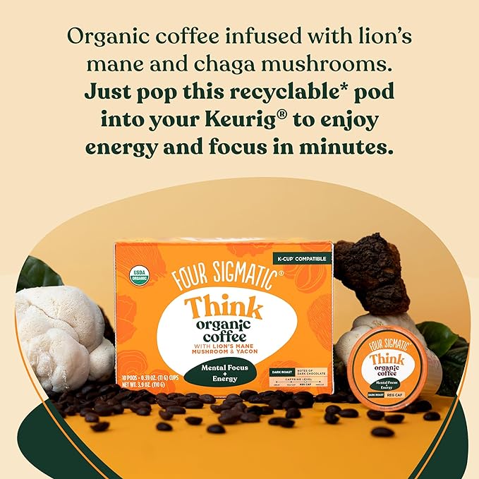 Four Sigmatic Mushroom Coffee K-Cups | Organic Dark Roast Coffee with Lion’s Mane Mushroom Powder &