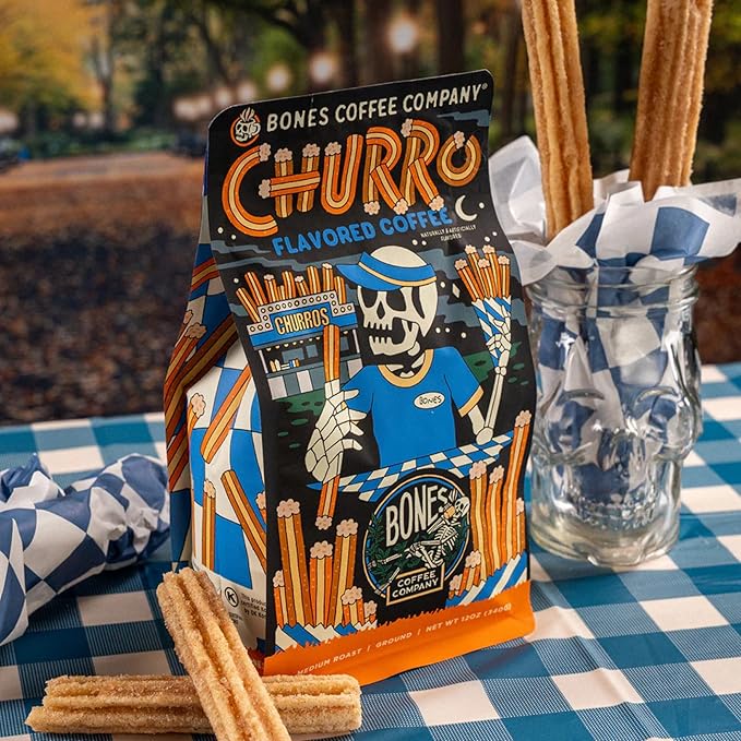 Bones Coffee Company Churro, Sweet Sugary Cinnamon Flavored Coffee, Medium Roast Low Acid Arabica