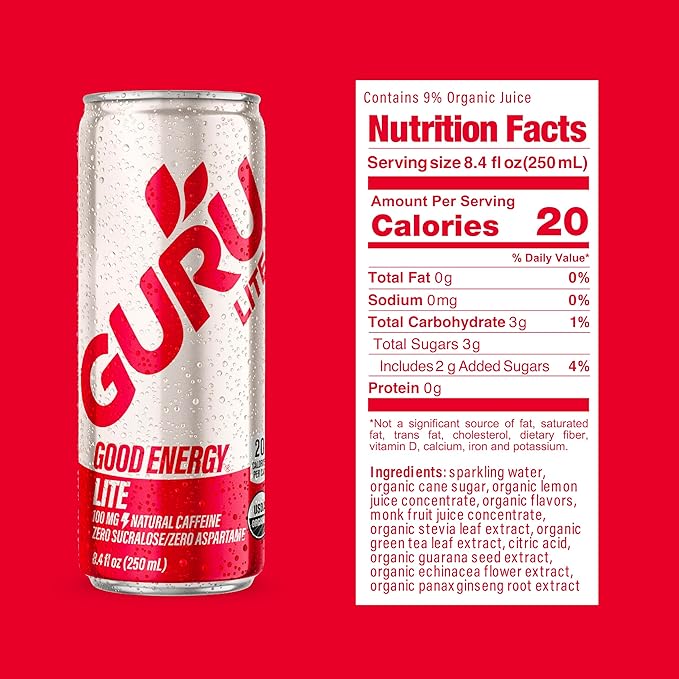 GURU Lite Organic Energy Drinks, Clean Energy Drink with Plant Based Natural Caffeine from Green