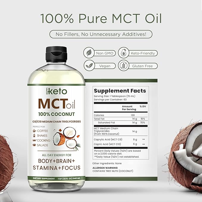 Keppi MCT Oil - From 100% Coconuts - Flavorless C8 and C10, Non-GMO, Certified Gluten-Free, Palm