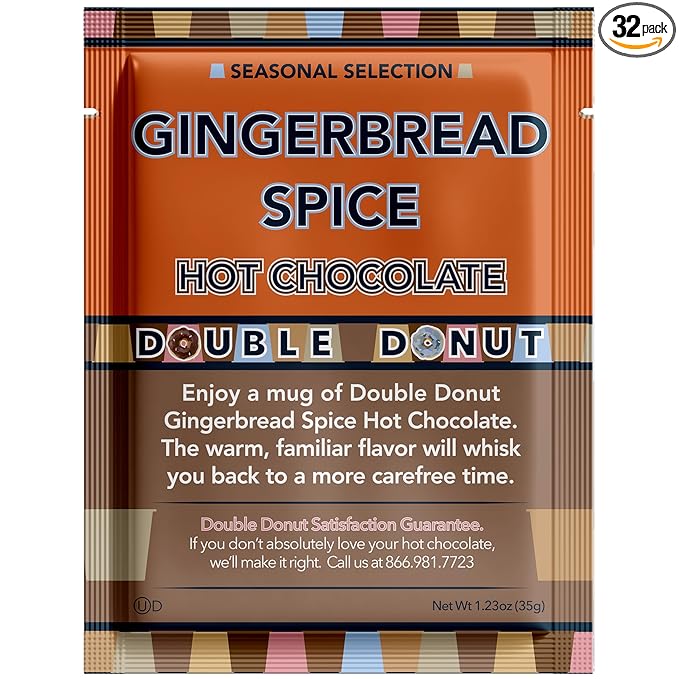 Double Donut Gingerbread Spice Hot Chocolate Mix Packets, Flavored Gingerbread Hot Cocoa Mix, 32