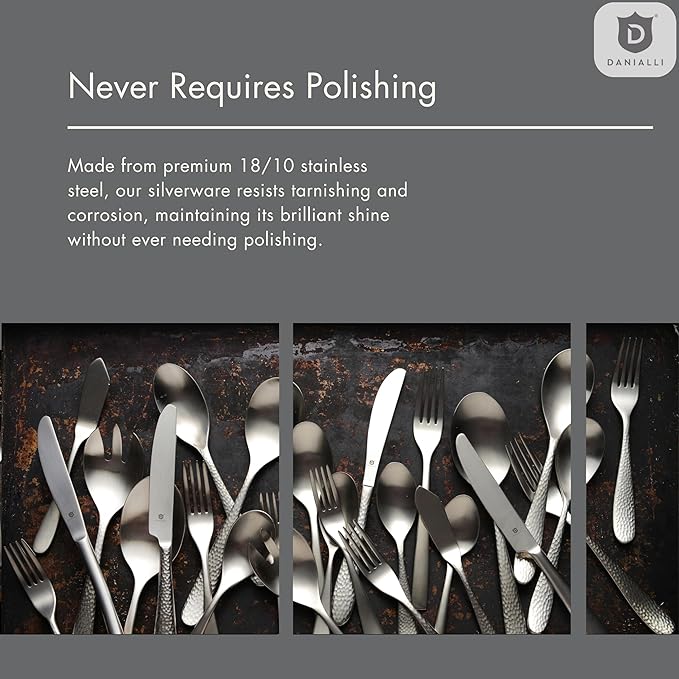 Hammered Silverware Set | Premium 18/10 Stainless Steel Flatware Service for 12 | Heavy-Duty &