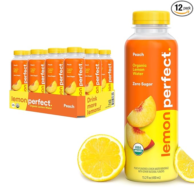 Lemon Perfect Peach, Flavored Lemon Water, Organic, Zero Sugar, Healthy Hydration Drinks, 15.2 fl