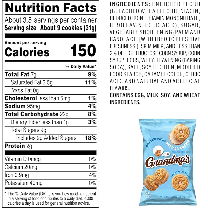 Grandma?™s Mini Cookies, Vanilla Sandwich Crème Cookies, 3.71 oz Cookie Bag, (24 Pack) (Packaging