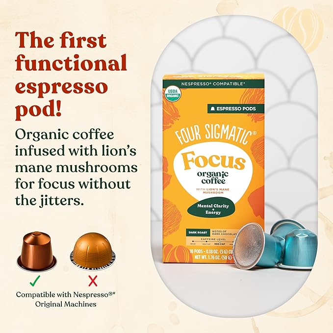 Four Sigmatic Focus Coffee Pods Compatible with Nespresso Original | Organic Dark Roast Espresso