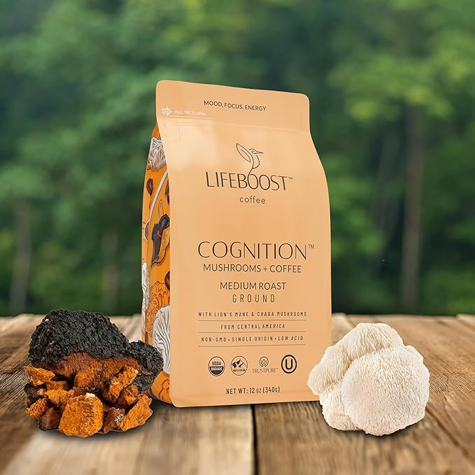 Lifeboost Cognition Adaptogenic Mushroom Coffee - Great Tasting Organic Lions Mane & Chaga Medium