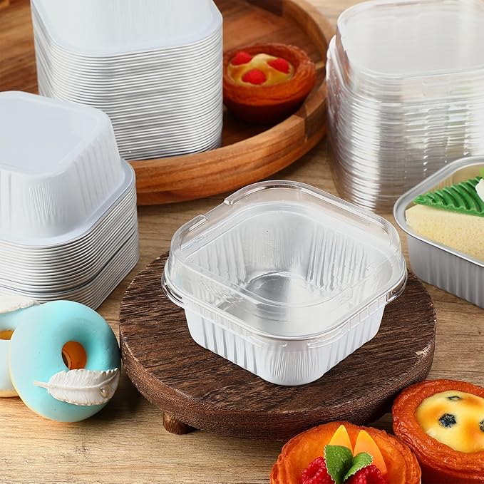 Aoriher 150 Pieces 10 oz Mini Cake Pans with Lids Aluminum Foil Baking Cups Square Disposable 4" x