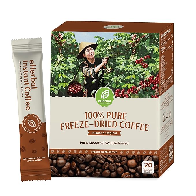 eHerbal Vegan Calming Instant Coffee Powder, plant base freezed dried Cold Brew 20 Packs | Smooth &