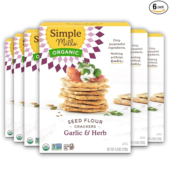 Simple Mills Organic Seed Crackers, Garlic & Herb - Gluten Free, Vegan, Healthy Snacks, Paleo