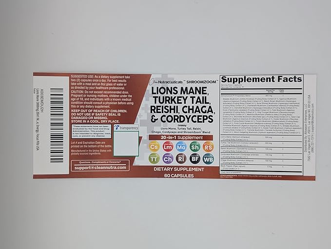 Clean Nutraceuticals Lions Mane 20in1 Mushroom Supplement with Turkey Tail Reishi Cordyceps Chaga