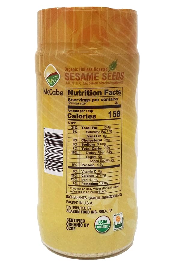 McCabe Organic Hulless Roasted Sesame - Rich with Fiber & Minerals | USDA and CCOF Certified |