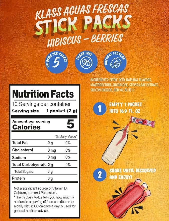 Klass Aguas Frescas | Drink Mix Hibiscus Berries | Sugar Free! (Pack of 4, 40 Count Powder Stick
