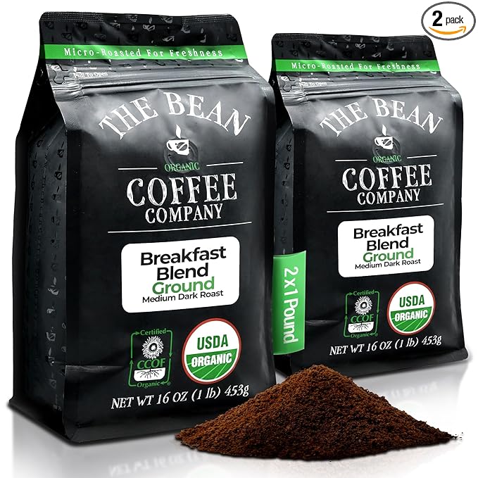 The Bean Organic Coffee Company Breakfast Blend, Medium Dark Roast, Ground Coffee, 16-Ounce Bags