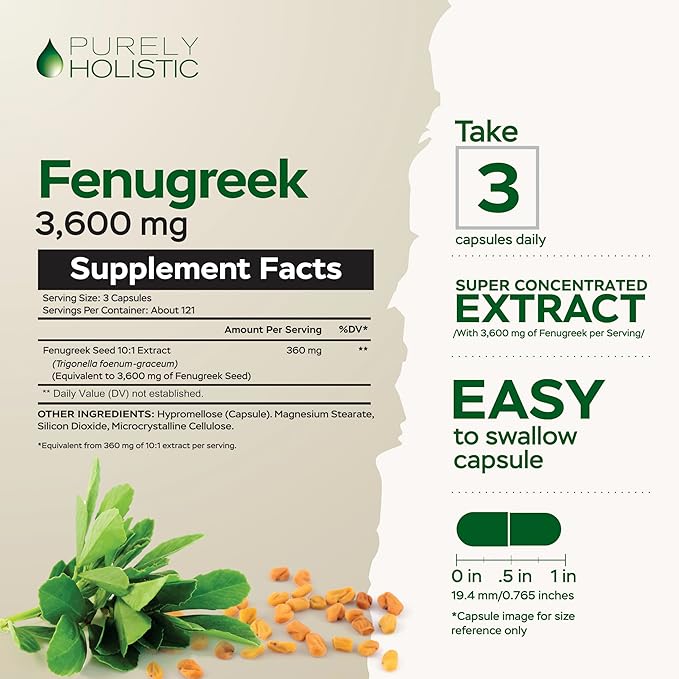Purely Holistic Fenugreek Capsules 3600mg - 365 Vegan Capsules - Lactation Supplement - from