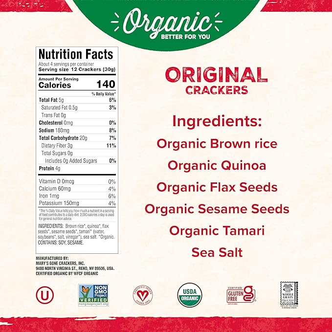 Mary's Gone Crackers Organic Original Crackers - Gluten-Free, NON-GMO, Vegan & Whole Grain, 4 Ounce