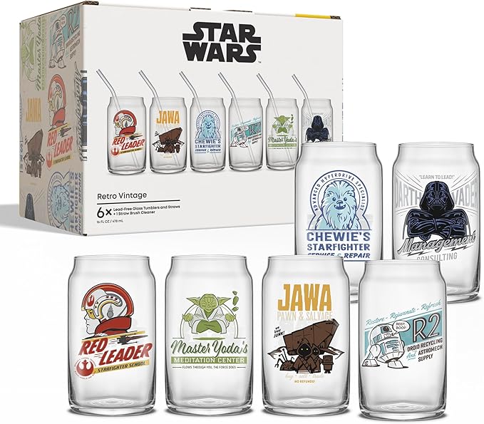 JoyJolt Star Wars Retro Vintage Collection 16.9oz Glass Tumblers - Featuring Darth Vader, R2D2