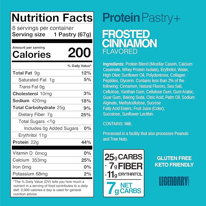 Legendary Foods 22g Protein Pastry+ Cinnamon Low Carb Meal Replacement Bar - Low Glycemic, Gluten