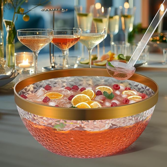NiHome Gold Trim Clear Plastic Punch Bowl with Ladle and Tong for Parties, Weddings, BBQs, 1.4