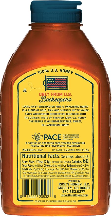 Local Hive Washington Raw Unfiltered Honey – 32 oz, 100% Pure US Honey, Sourced from American Bees