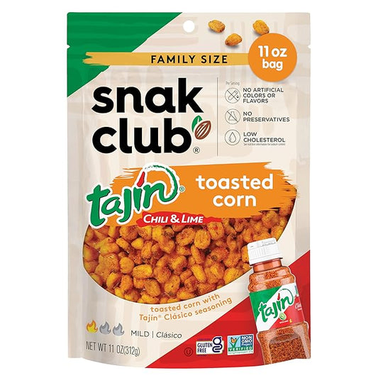 Snak Club Tajin Toasted Corn, Roasted Corn Nuggets with Chili and Lime Seasoning, Mild, Non-GMO