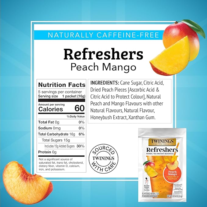 NEW Twinings Peach Mango Refreshers, Herbal Tea Instant Beverage with Real Peach Fruit Bits, 5