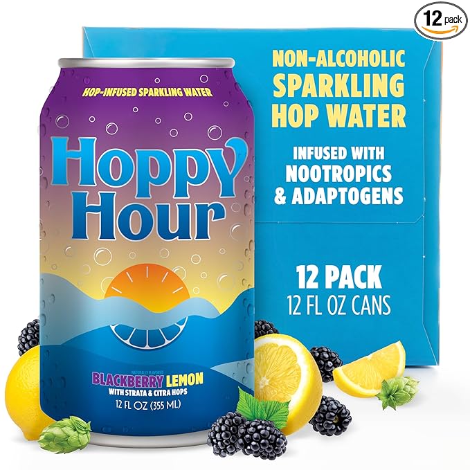 Hoppy Hour Sparkling Hop Water, Non-Alcoholic and Adaptogens Drink, Zero Sugar and Calories