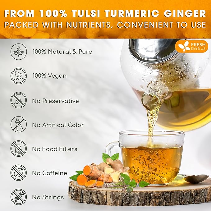 FreshDrinkUS, Premium 135 Tulsi Turmeric Ginger Tea Bags, 100% Natural & Pure from Tulsi Holy Basil