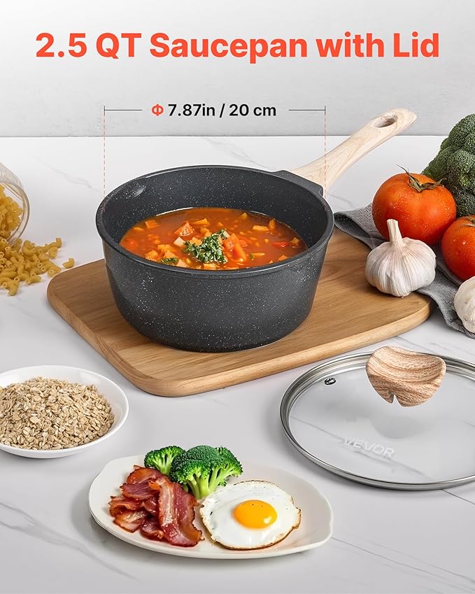 VEVOR 2.5 QT Saucepan, Nonstick Saucepan with Tempered Glass Lid, Multipurpose Cooking Sauce Pot
