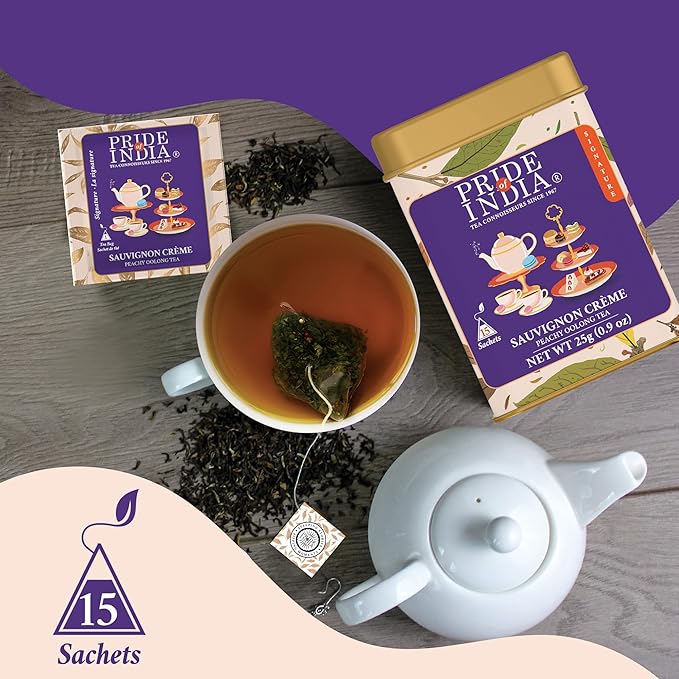 Pride of India | PACK of 6 - Sauvignon Crème Peachy Oolong Tea | 15 Pyramid Full Leaf Individually